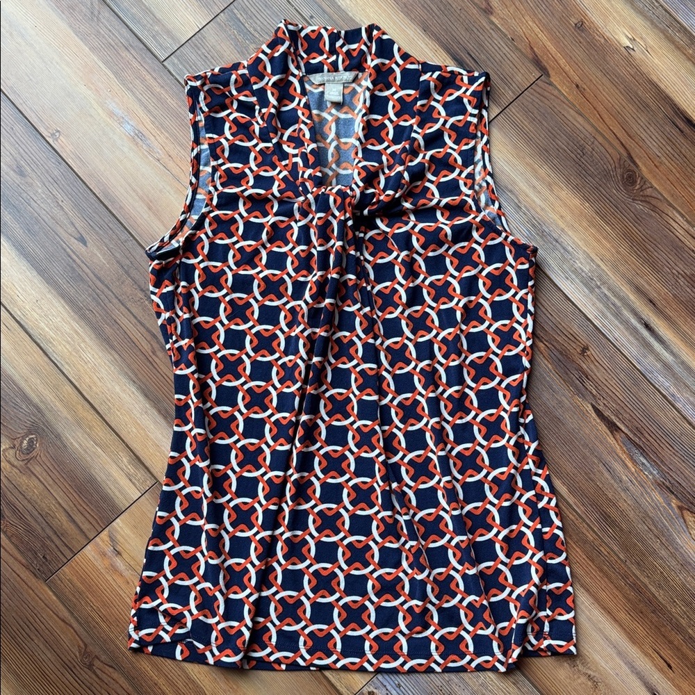 Banana Republic Geometric Chain Print Sleeveless Blouse Size M Tie Neck Navy